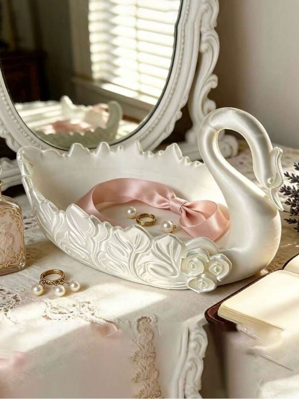 Pearlescent White Swan Jewelry Tray with Pink Ribbon Accent